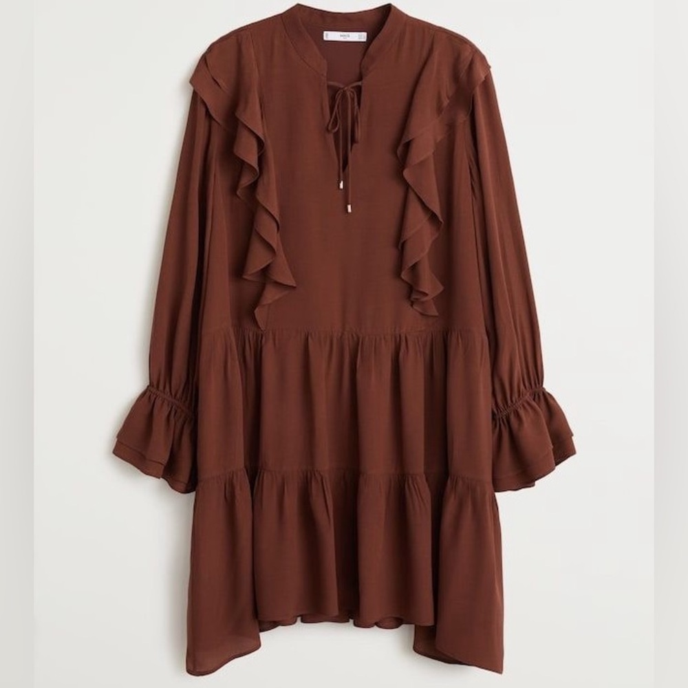 Mango ruffle dress, loose fit, brown, long sleeve bohemian style.